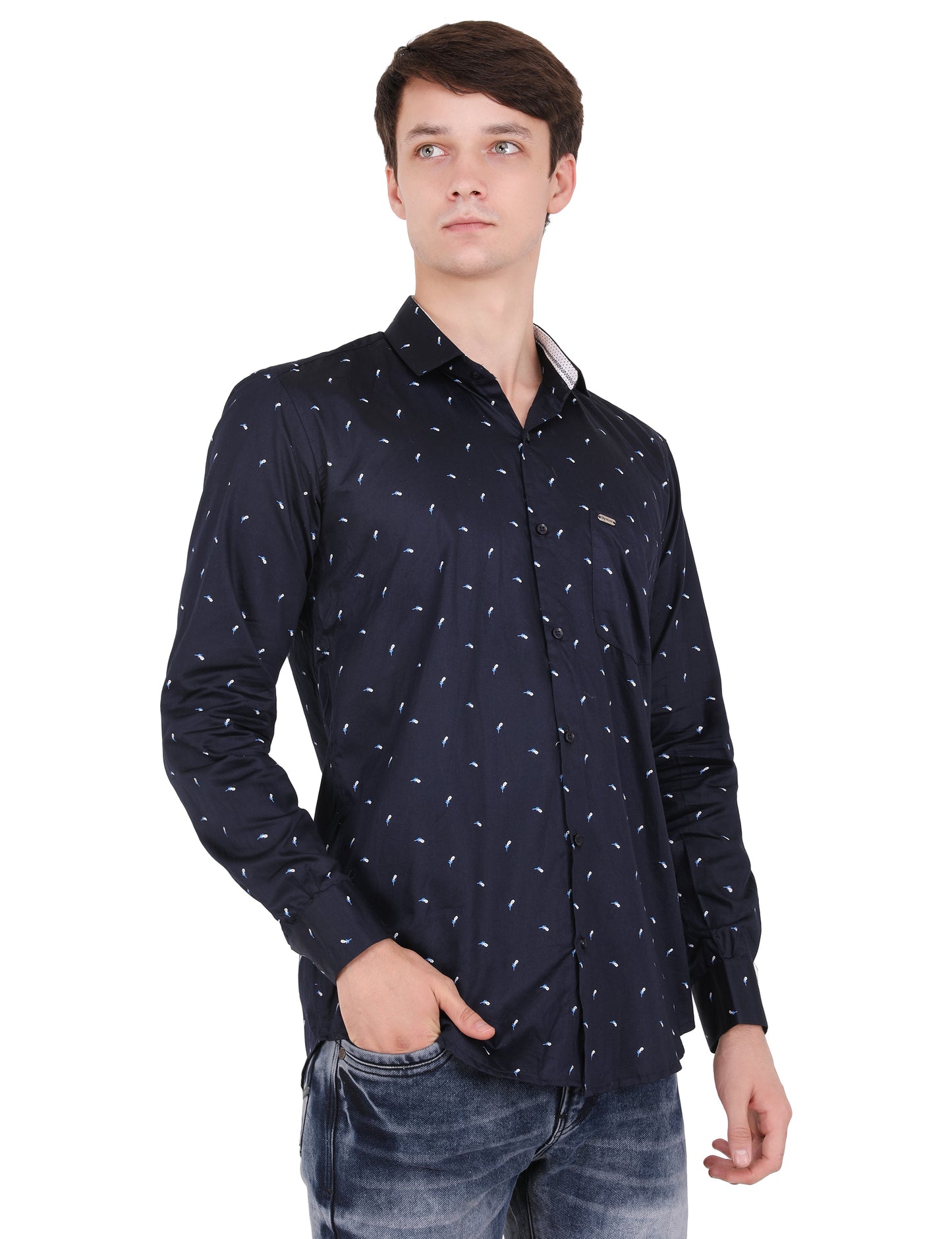 Nature-Inspired Elegance: Blue Shirt with Small Blue Leaf Pattern for a Fresh Look