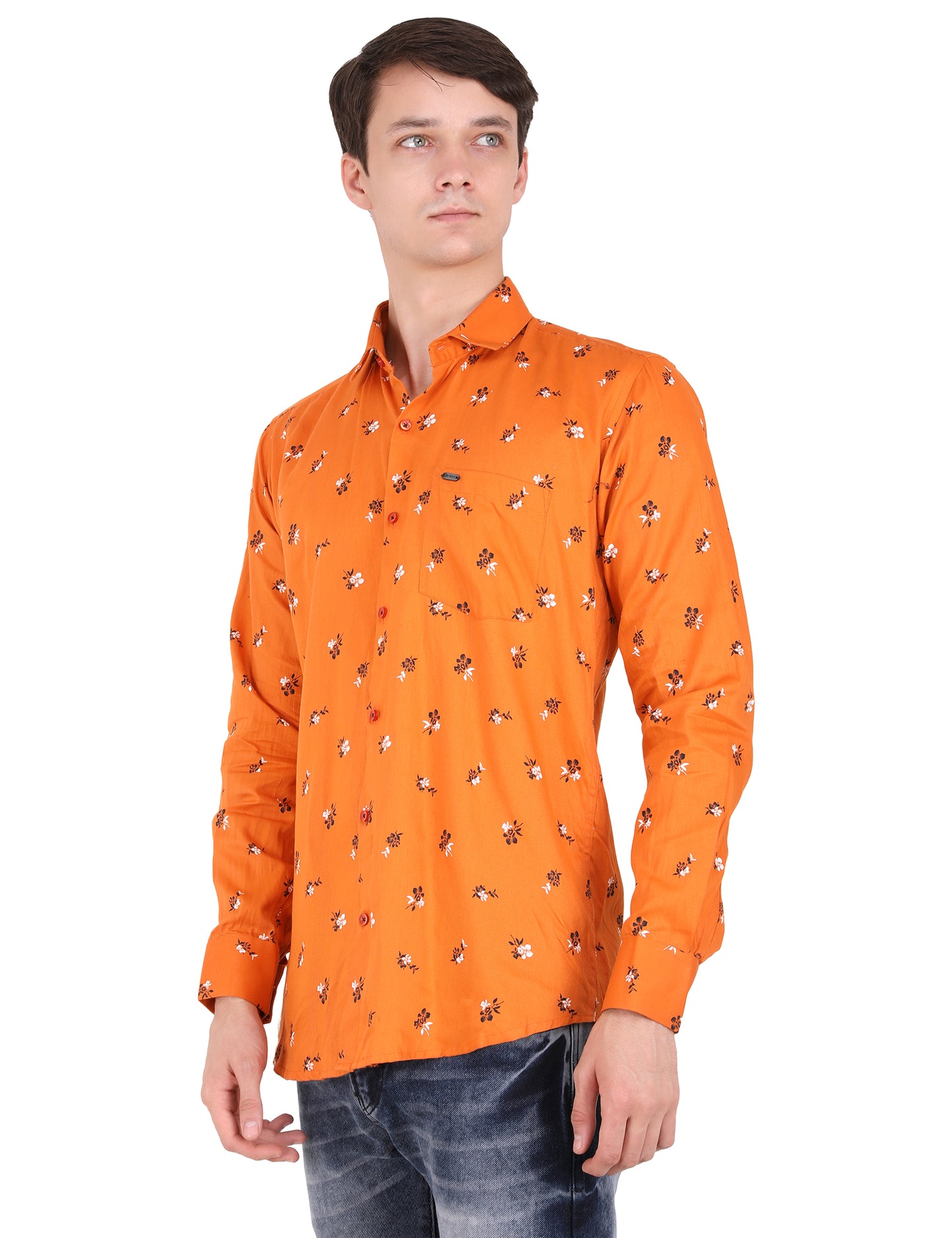 Vibrant Orange Blossom: Printed Floral Delight for Effortless Elegance