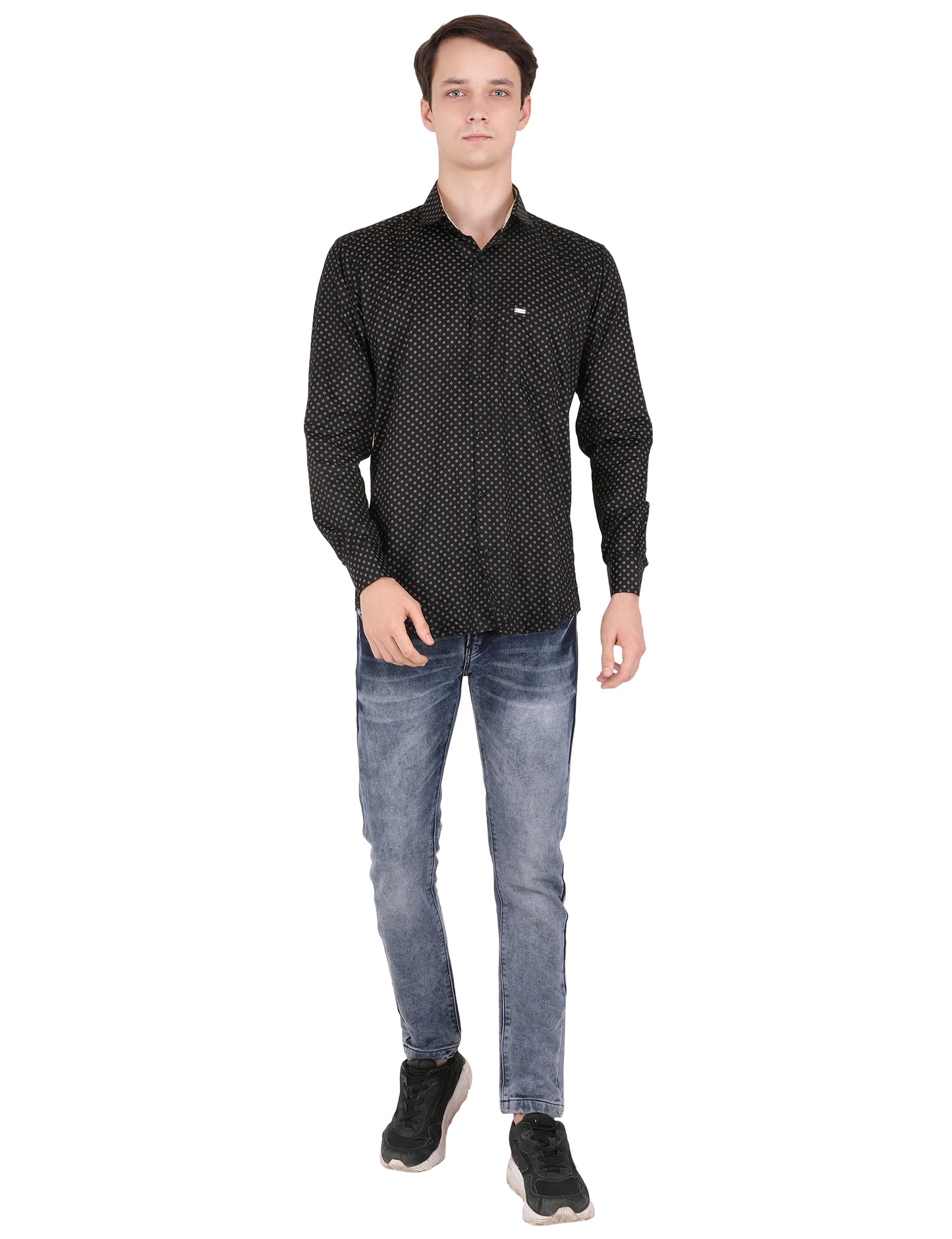 Polished Perfection: Printed Black Shirt with Dot Design