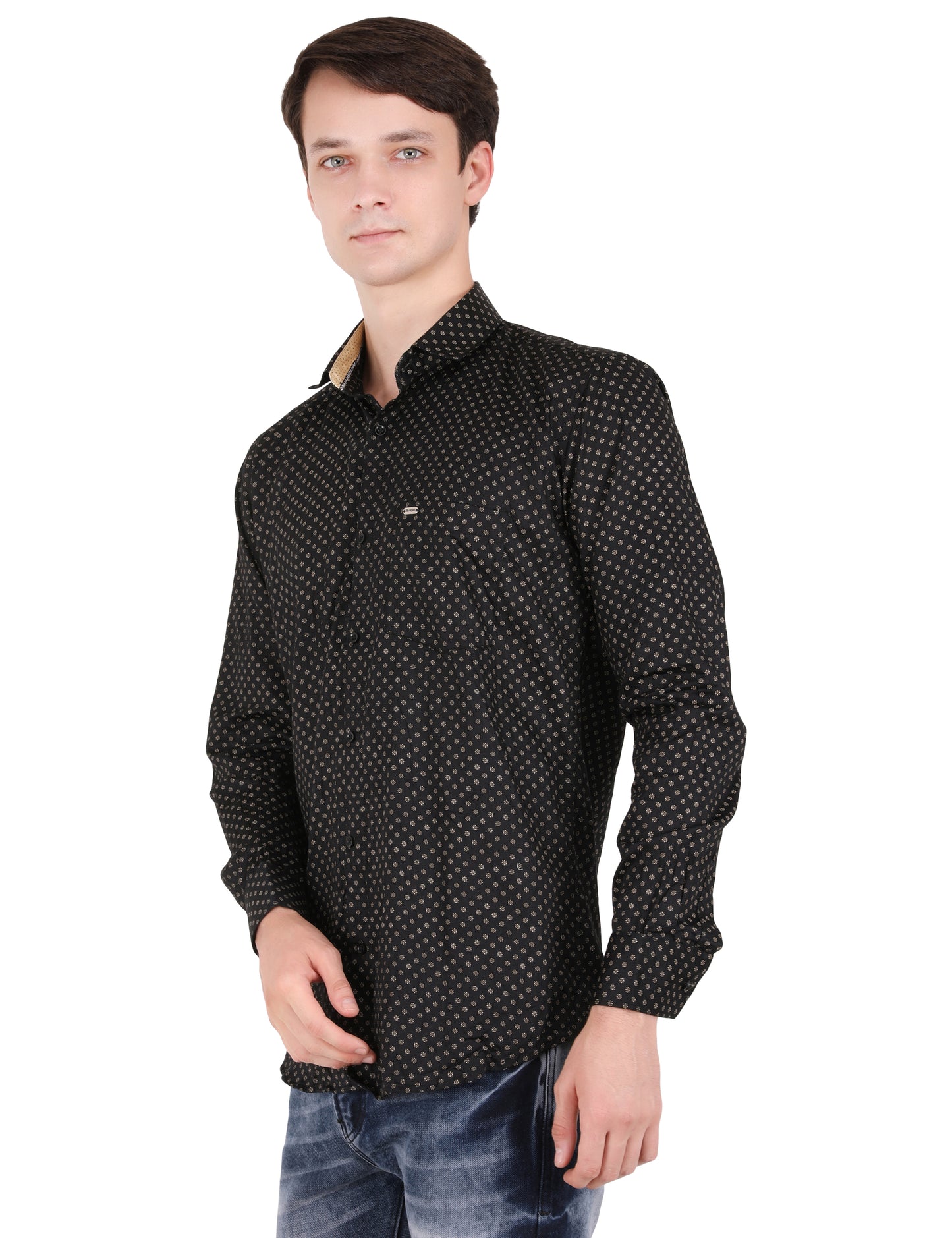 Polished Perfection: Printed Black Shirt with Dot Design