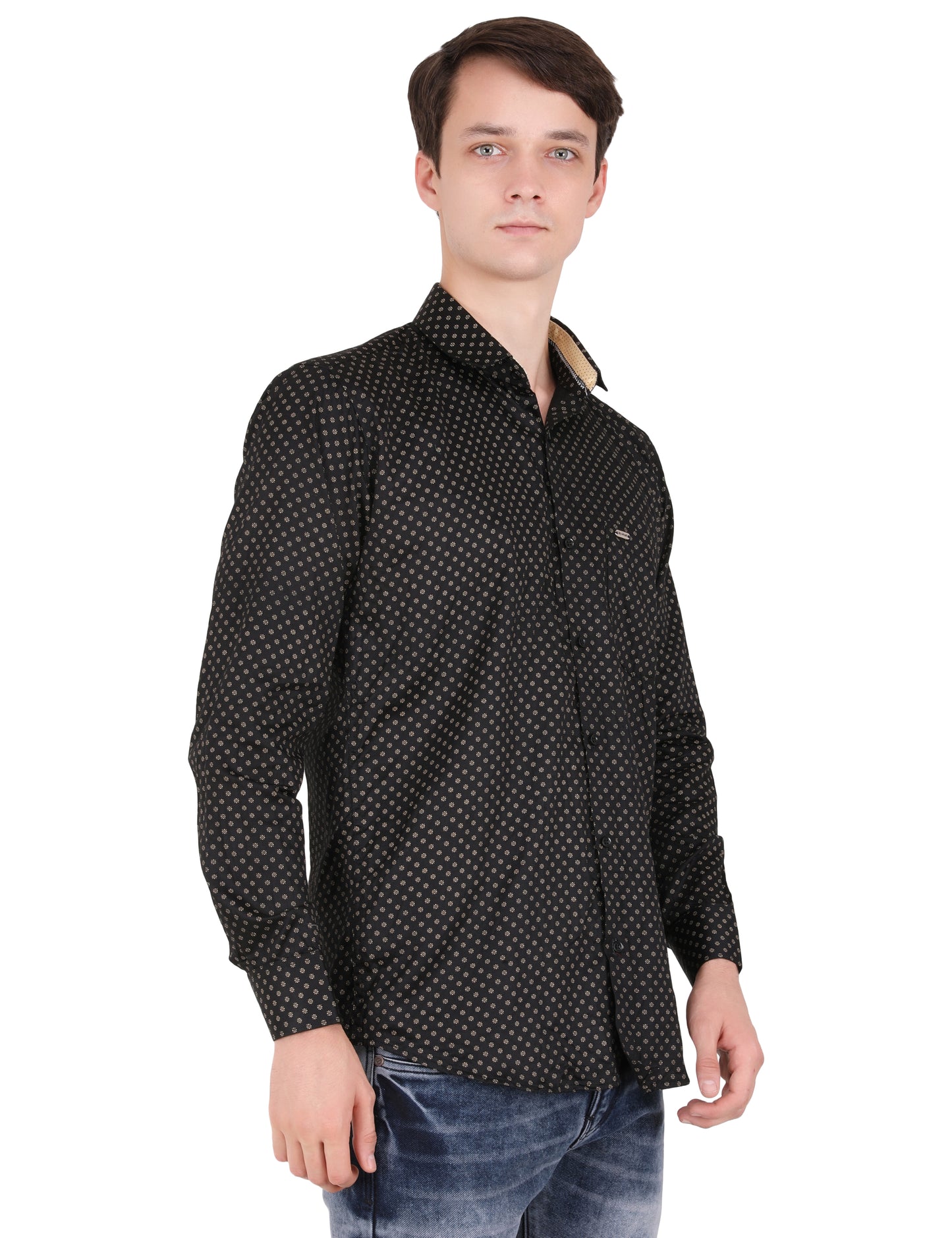 Polished Perfection: Printed Black Shirt with Dot Design