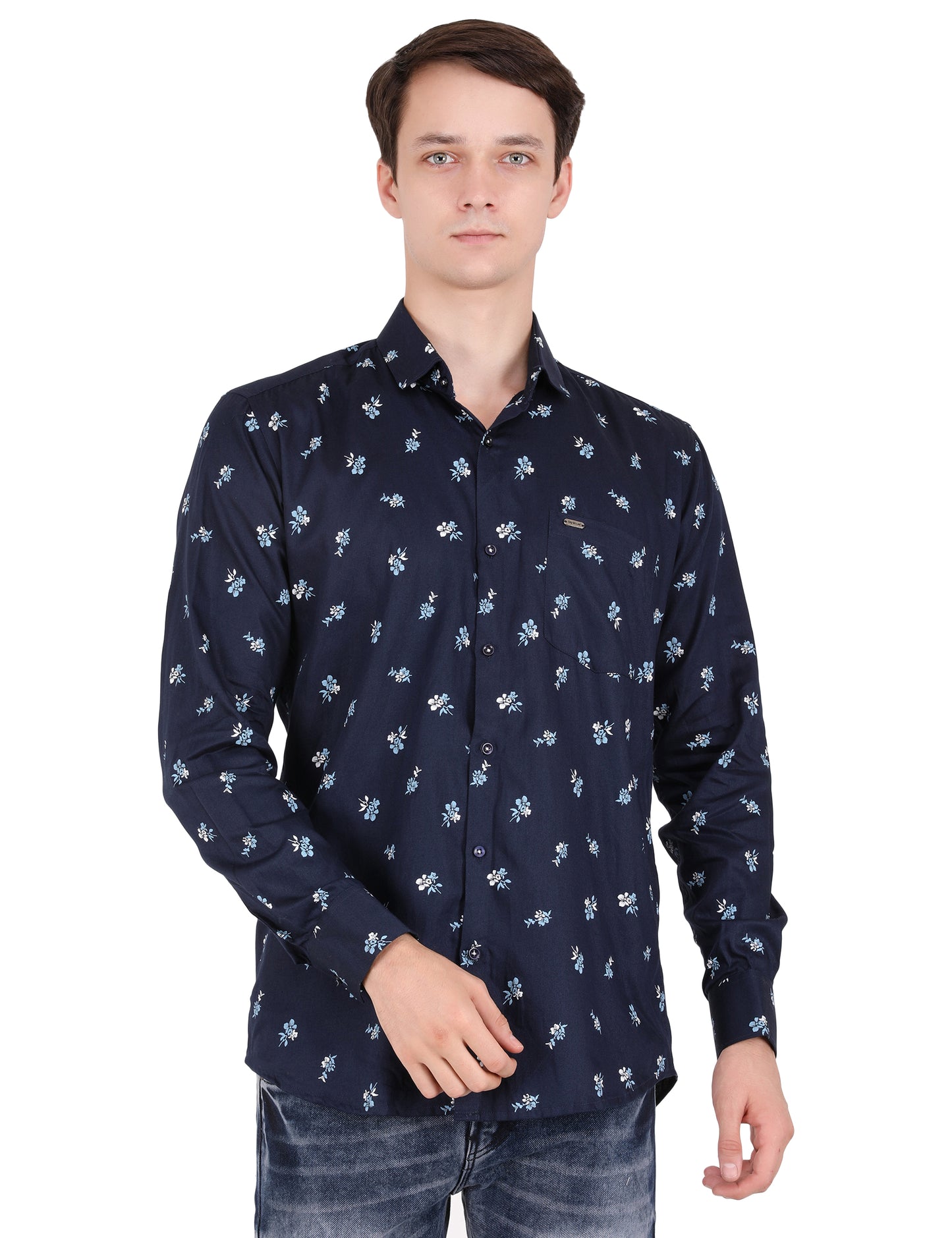 Blossoms in Blue: Printed Shirt with Big Flowers Pattern