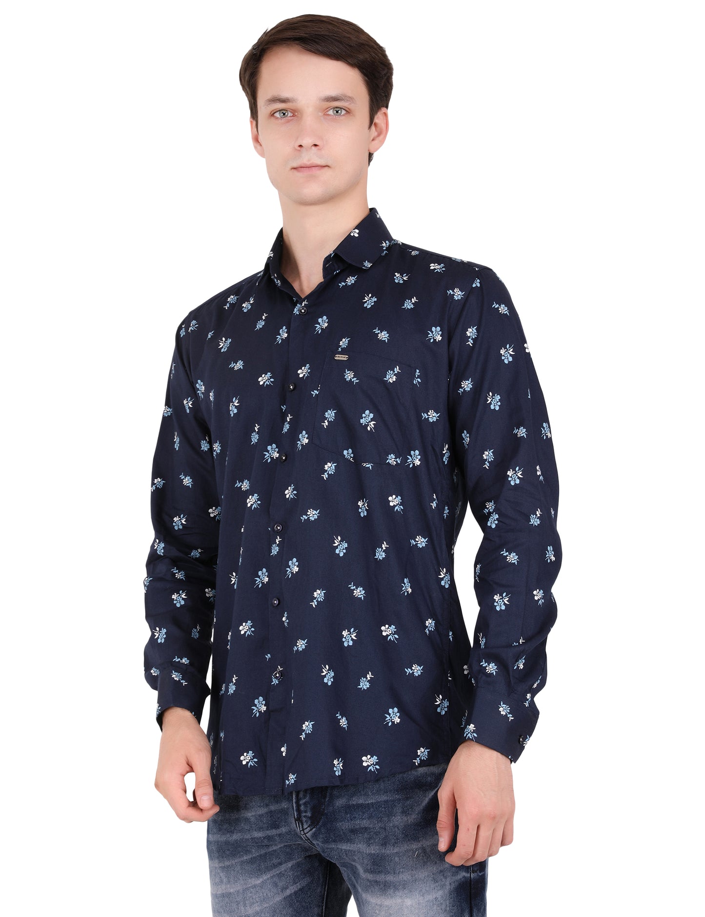 Blossoms in Blue: Printed Shirt with Big Flowers Pattern