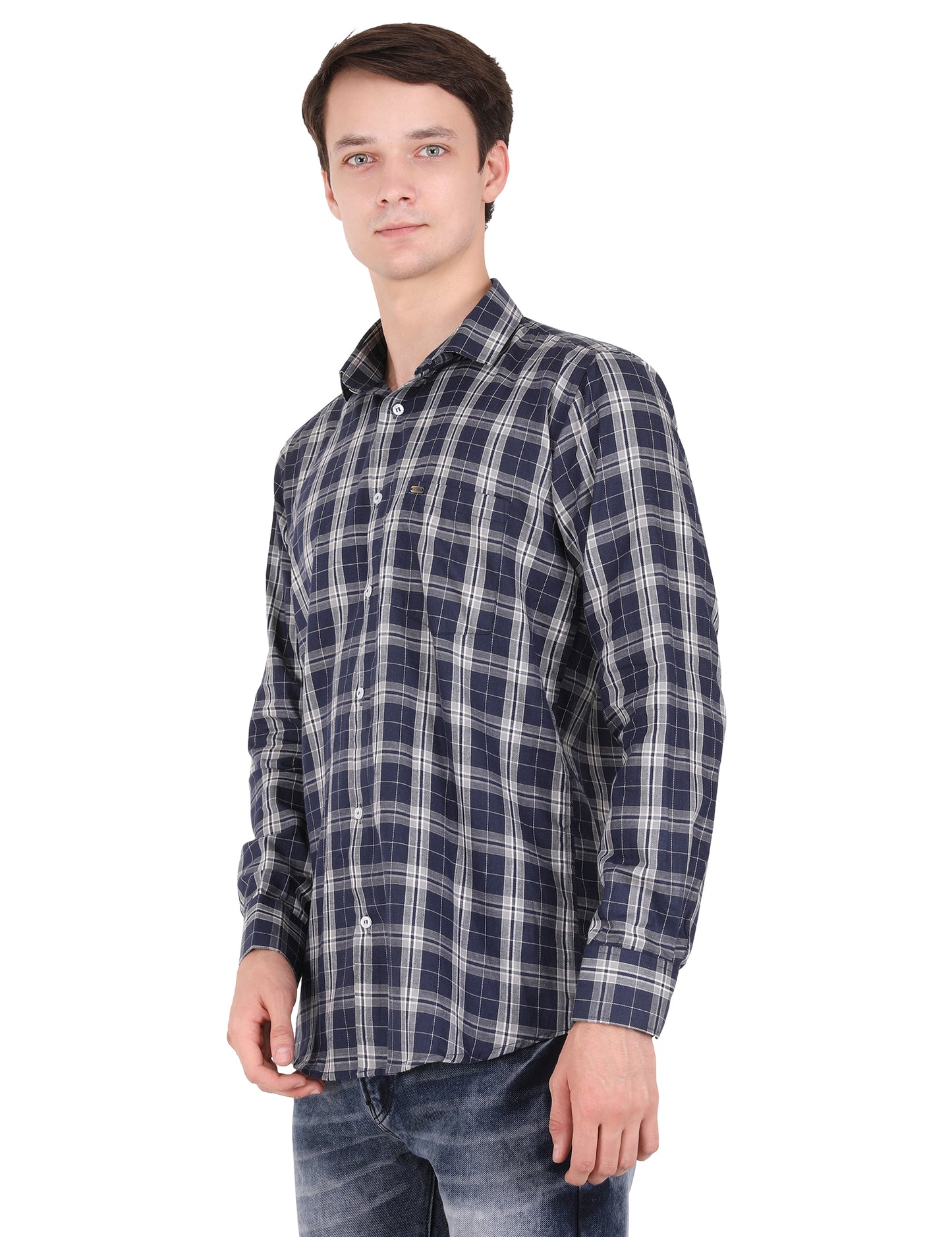 Checkered Elegance: Printed Blue Shirt with Classic Check Design