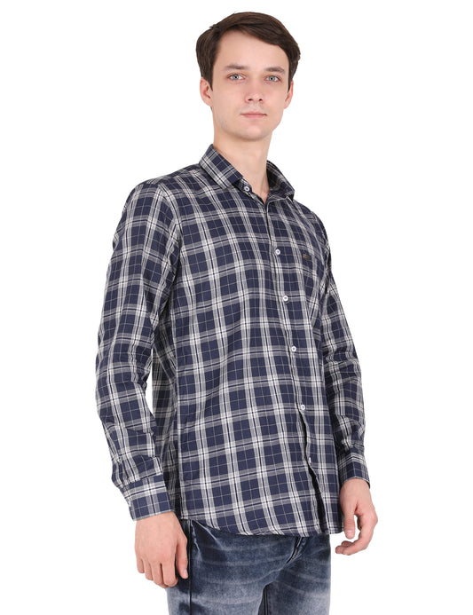 Checkered Elegance: Printed Blue Shirt with Classic Check Design