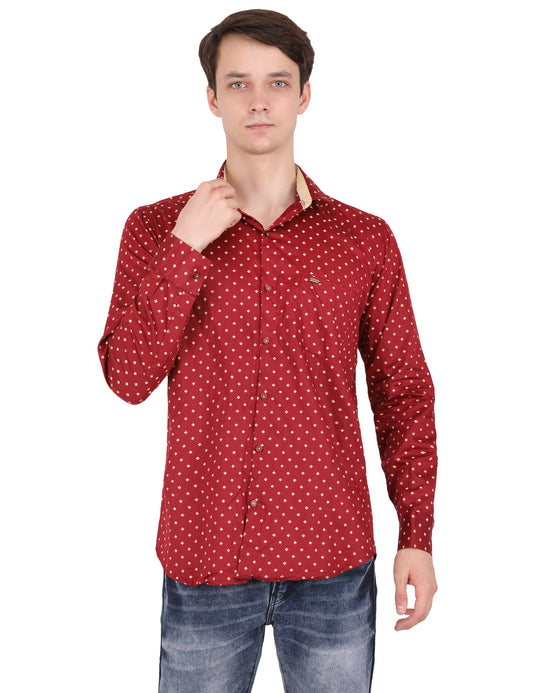 Radiant Blooms: Printed Red Shirt with Golden Flower Motif | Men's Fashion