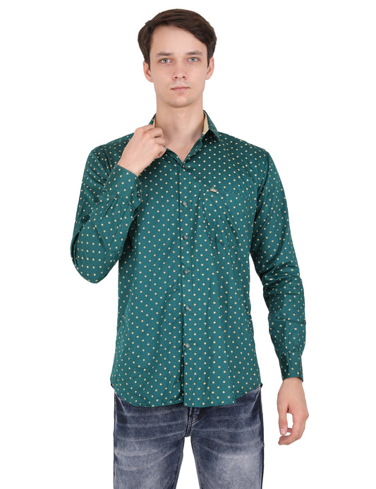 Enchanting Florals: Printed Green Shirt with Petite Golden Blooms