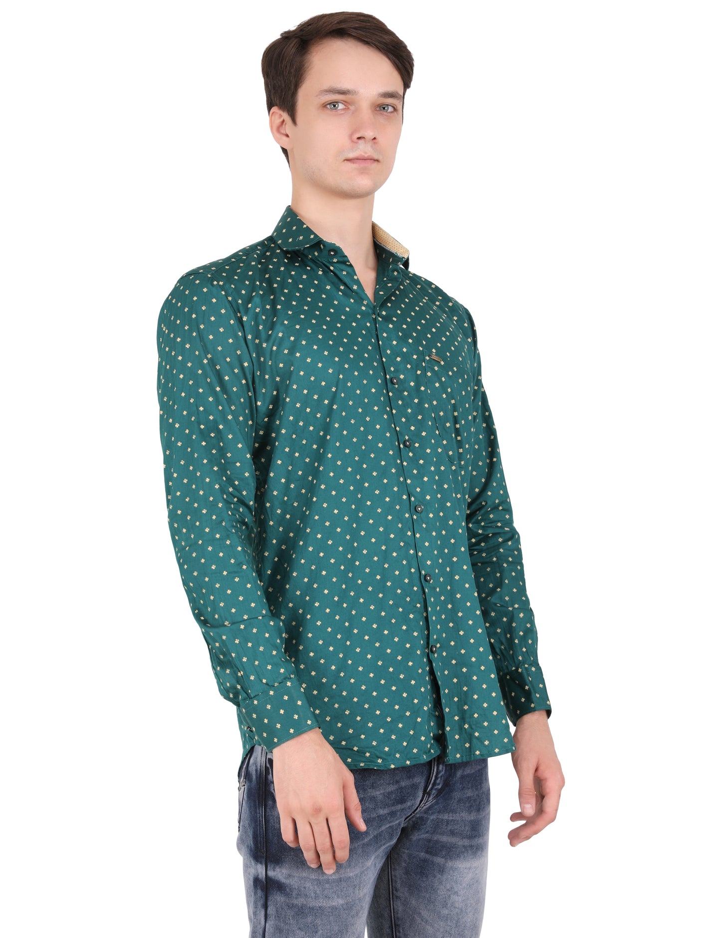 Enchanting Florals: Printed Green Shirt with Petite Golden Blooms