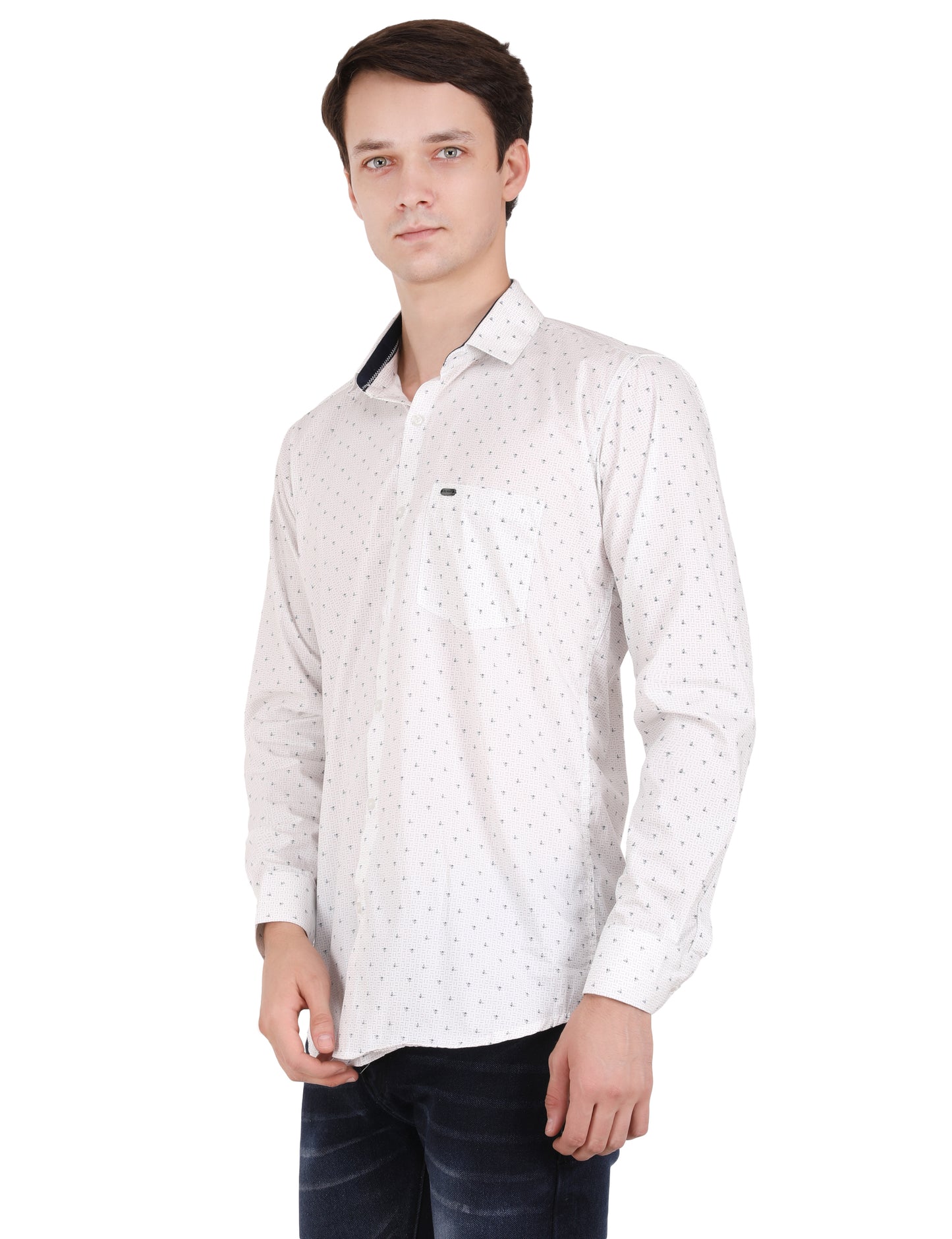 Classic Charm: Printed White Shirt with Blue Pattern