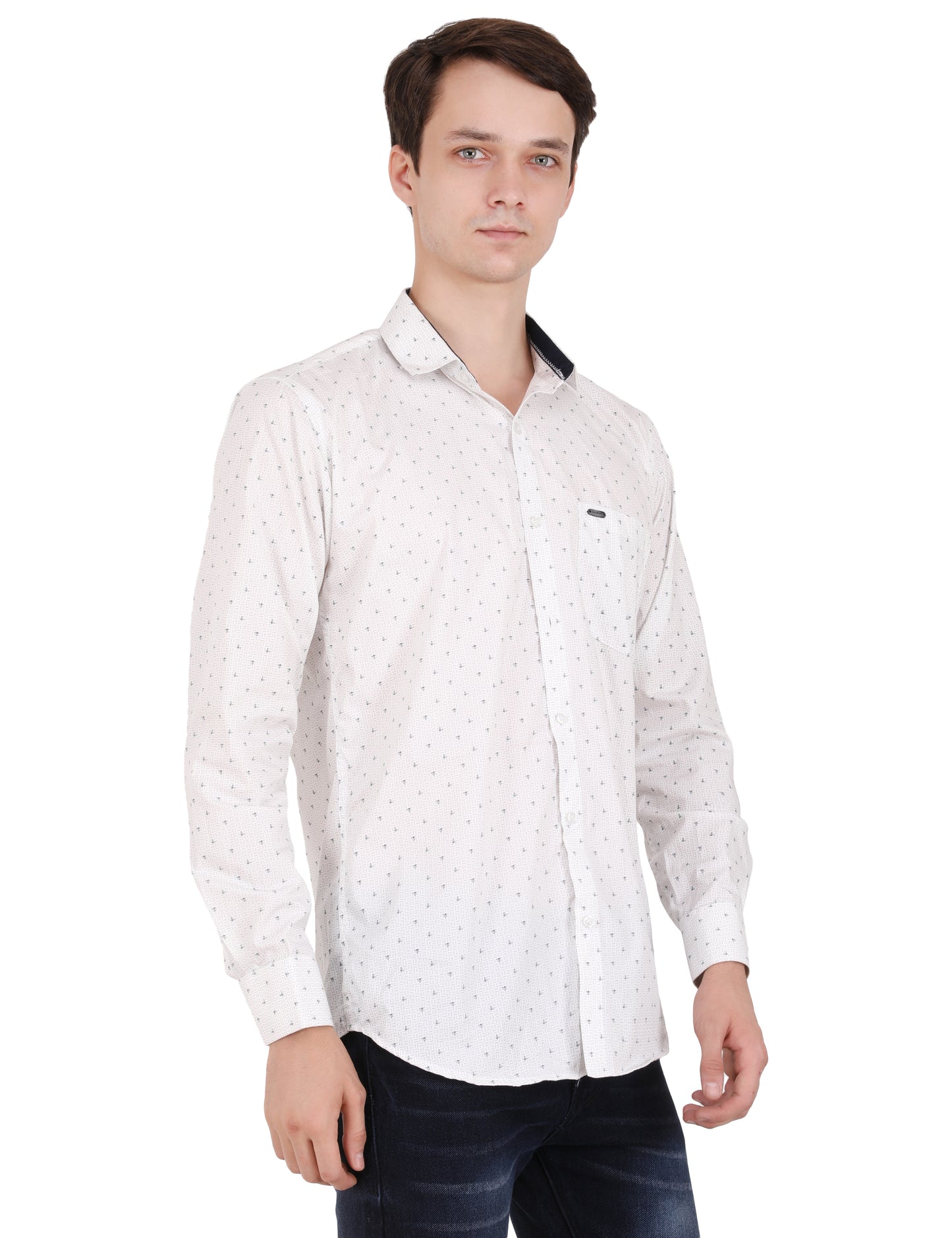Classic Charm: Printed White Shirt with Blue Pattern