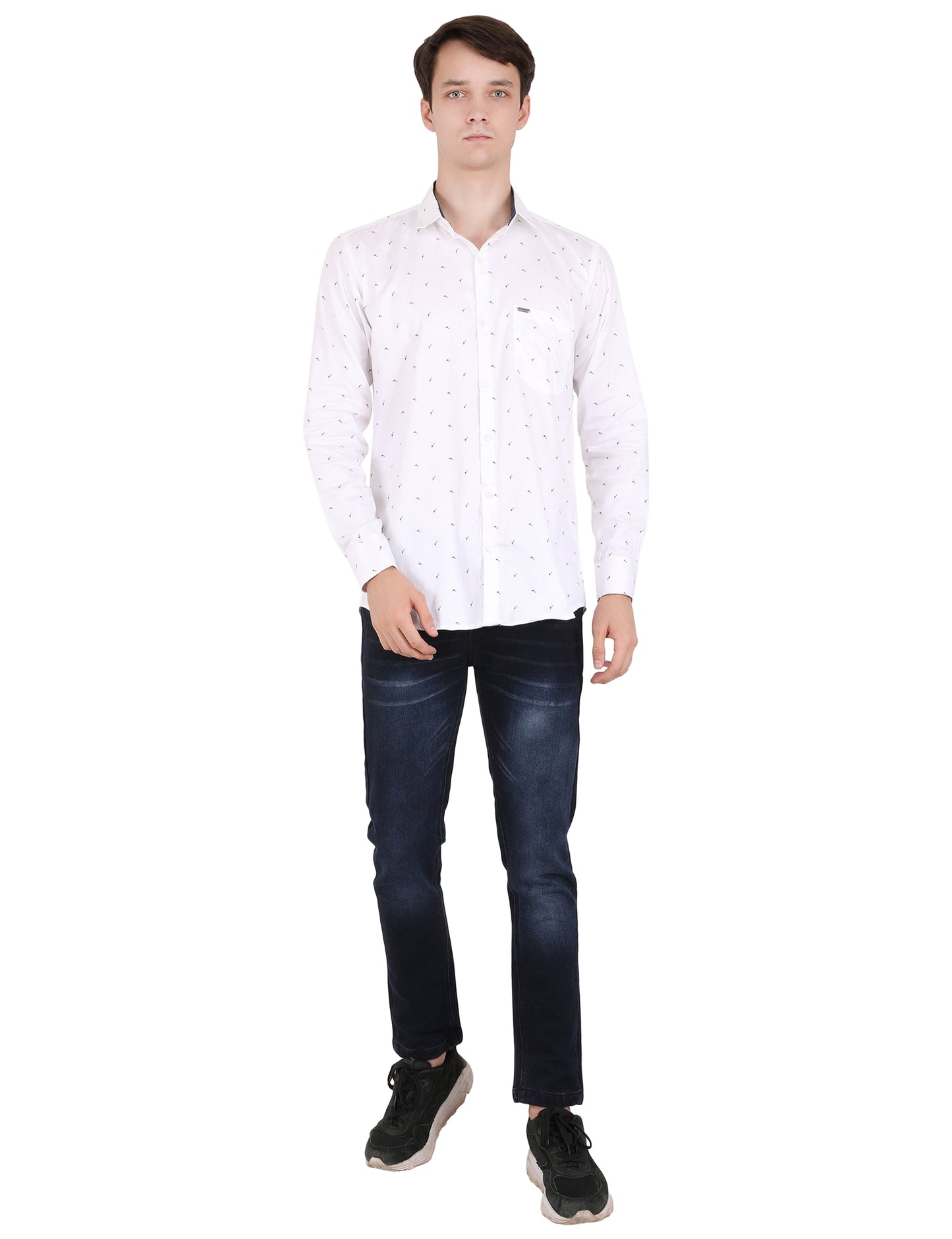 Minimal Blue Leaf Print White Shirt - Contemporary Men's Fashion | Shop Now