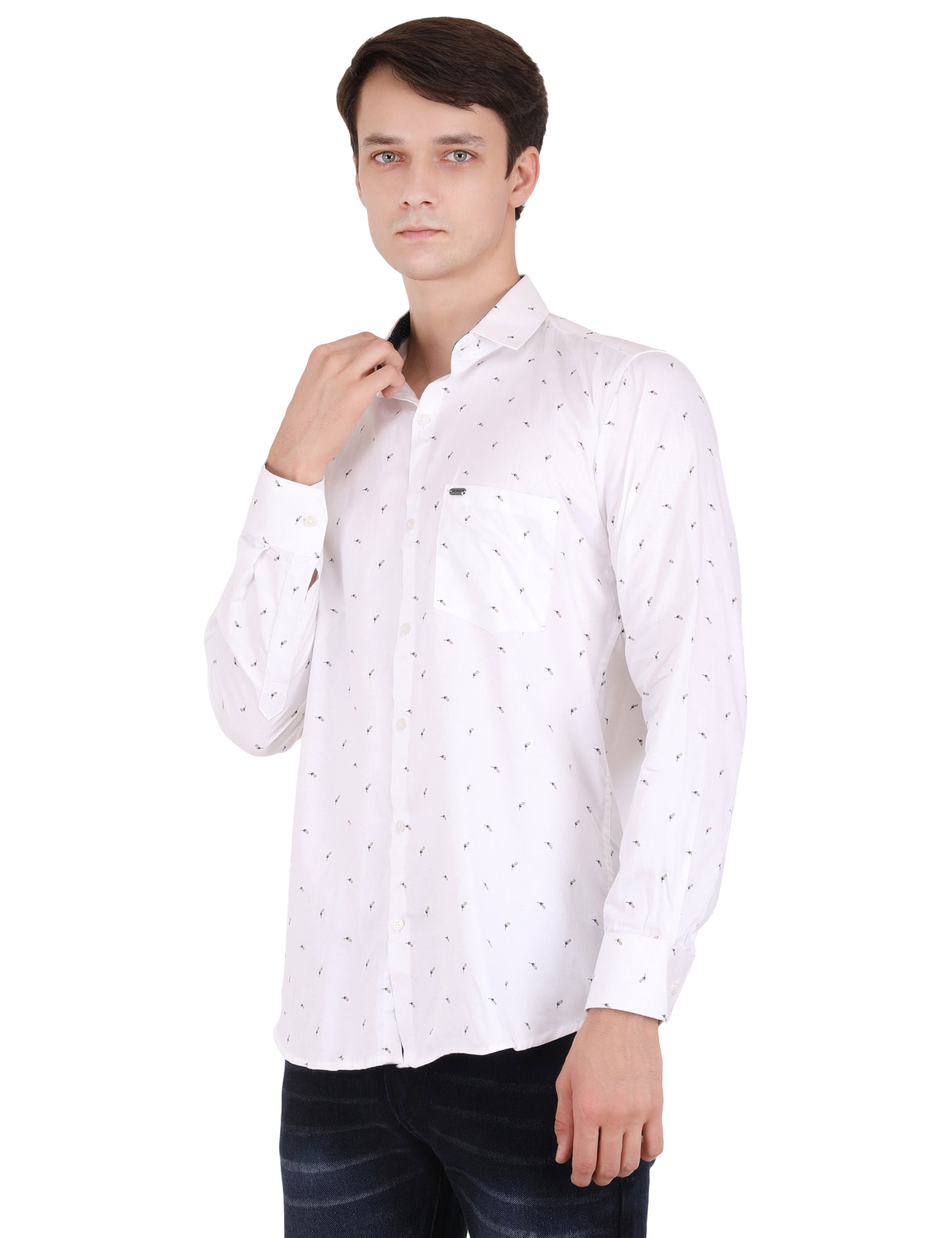 Minimal Blue Leaf Print White Shirt - Contemporary Men's Fashion | Shop Now